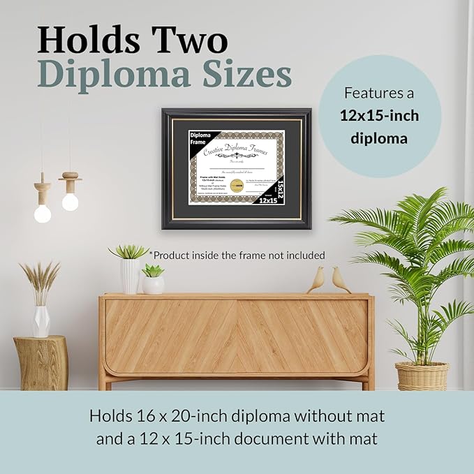 Creative Picture Frames 12" x 15" Rockefeller Black with Gold Rim Diploma Frame, Displays 12" x 15" Certificate or 16" x 20" Document without Mat, College Degree Frame, Full-Strength Glass, Black Mat