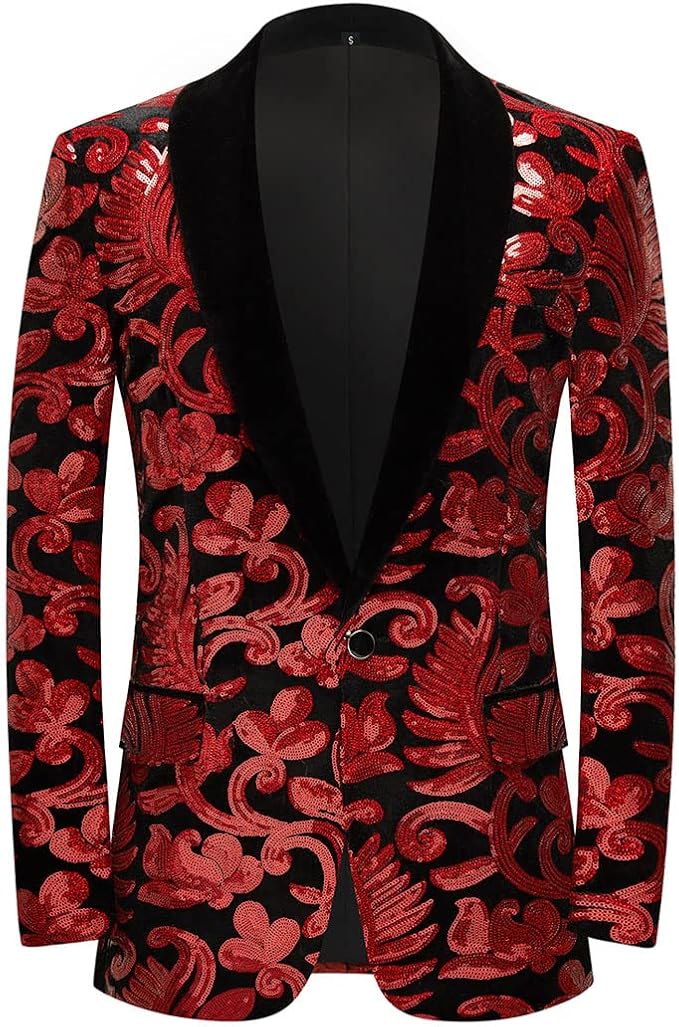 Men Fashion Velvet Sequins Floral Pattern Suit Jacket Blazer