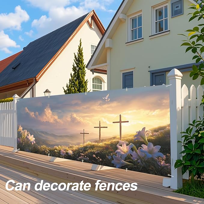 Easter Cross and Lilies Garage Door Banner 7x16FT, Religious Easter Decoration with Crosses and Lilies, Outdoor Spring Holiday Decoration for Yard and Garage