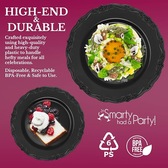 Elegant Plastic Plates, Disposable Dinnerware Sets, Plastic Dinner Plates, Disposable Plates for Party, Disposable Plastic Plates, Party Plates (Black, 120 Plates (7.5" Salad Plates))