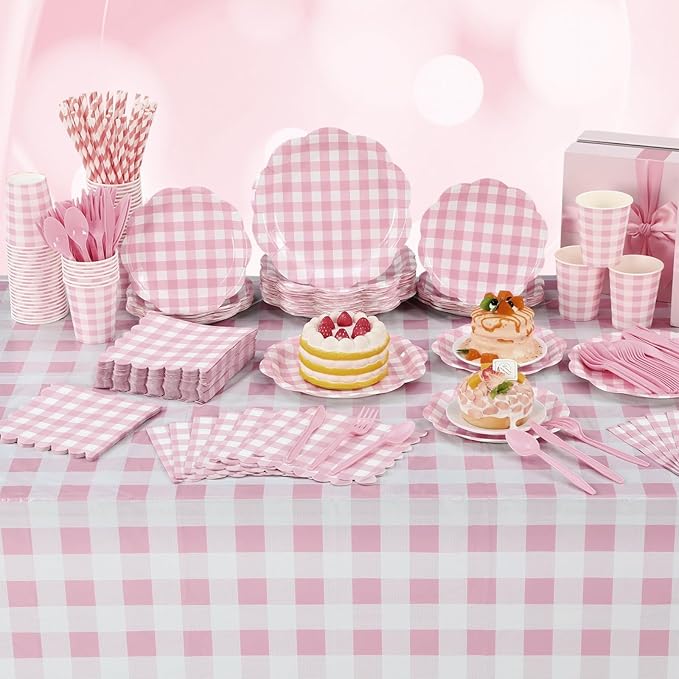 452 Pcs Pink Gingham Party Supplies for 50 Guests, White and Pink Checkered Paper Plates Napkins Cups Tablecloth Cutlery Straws for Picnic Birthday Baby Shower Wedding Party Decoration