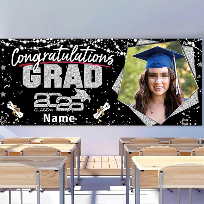 Custom Garaduation Garage Door Banner Cover 16 x 7 ft Class of 2026 Congrats Grad Party Backdrop Personalized Graduation Decoration(Black and Silve)