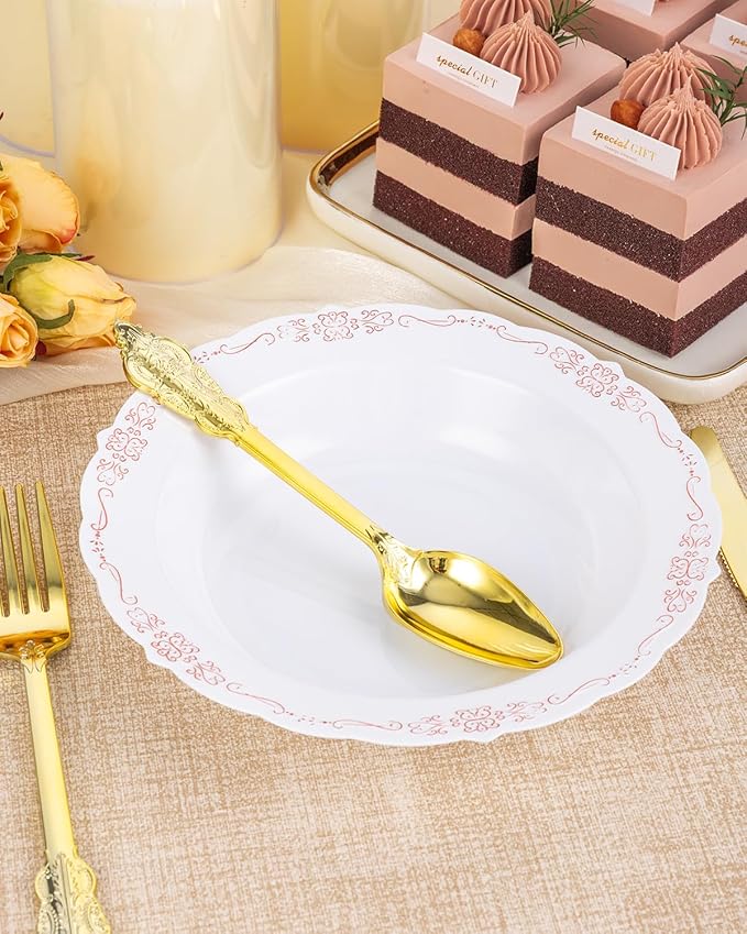 100 Pack White Plastic Bowls with Rose Gold Rim, 12oz Plastic Dessert Bowl, Bowls Disposable Heavy Duty for Hot Soup, Dessert, Salad, Cake, Ice Cream, Fruit for Valentine's Day