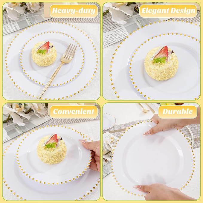 LIYH 150 Pcs White and Gold Plastic Plates - Elegant Disposable Gold Plastic Dinnerware set Include Dinner & Dessert Plates Cups for Birthday Party Wedding 30 Guests