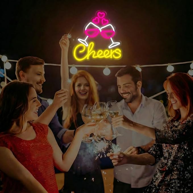 Cheers To Love Neon Sign for Wall Decor, Celebratory Champagne Glasses LED Neon Light for Wedding, Engagement Party, Anniversary & Valentine’s Day Decorations, Neon Wall Art for Bar & Date Night Decor 13.4"x13"