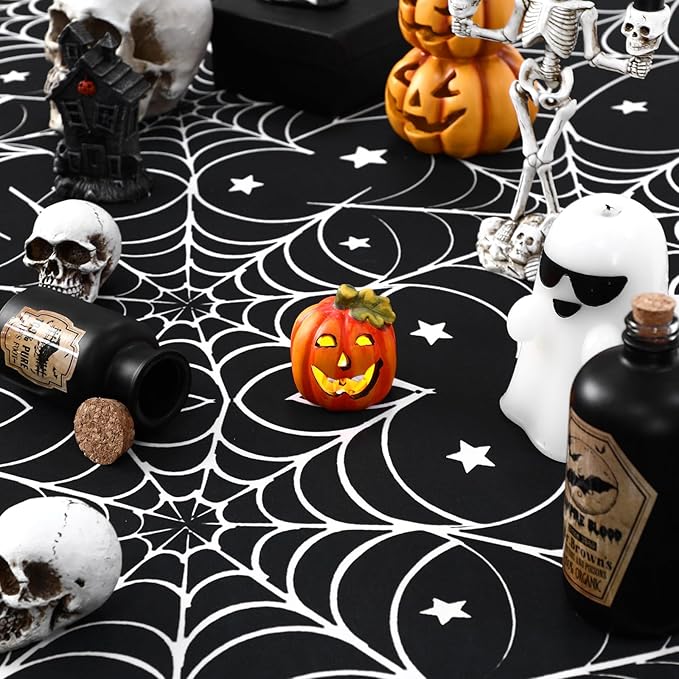 Oudain 2 Pcs Halloween Stretch Table Cover 6 Feet White Black Spider Web Spandex Table Clothes Gothic Spider Cobweb Scary Party Decorations for Halloween Home Decorations Party Celebration