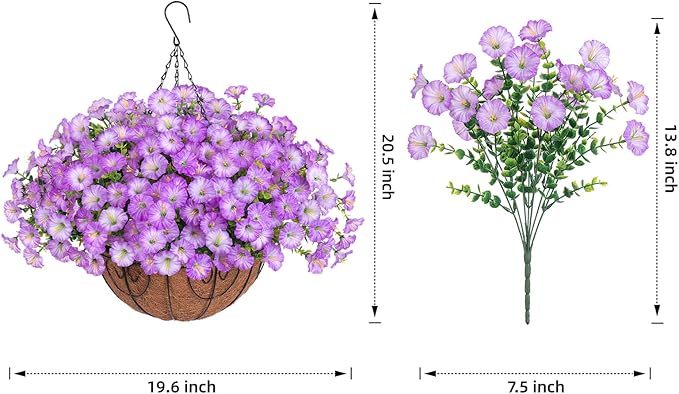 Artificial Fake Hanging Plants Flowers Basket for Outdoors Spring Summer Decoration, UV Resistant Realistic Outdoor Faux Silk Morning Glory in Planter for Outside Porch Patio Balcony Garden Yard Home