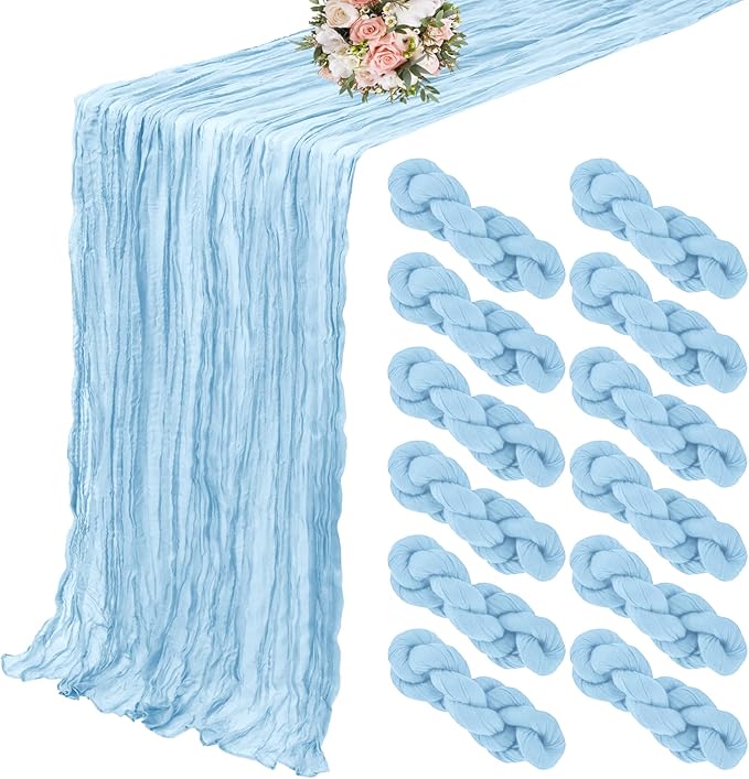 12 Pack Cheesecloth Table Runner 35 x 120 inch Long Boho Cheese Cloth Gauze Table Runners Semi Sheer Table Runner for Wedding Decor, Bridal Shower, Birthday Party (Light Blue)