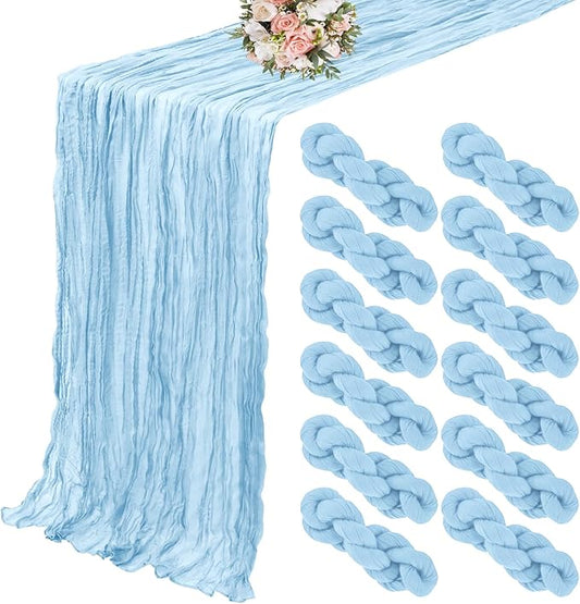 12 Pack Cheesecloth Table Runner 35 x 120 inch Long Boho Cheese Cloth Gauze Table Runners Semi Sheer Table Runner for Wedding Decor, Bridal Shower, Birthday Party (Light Blue)