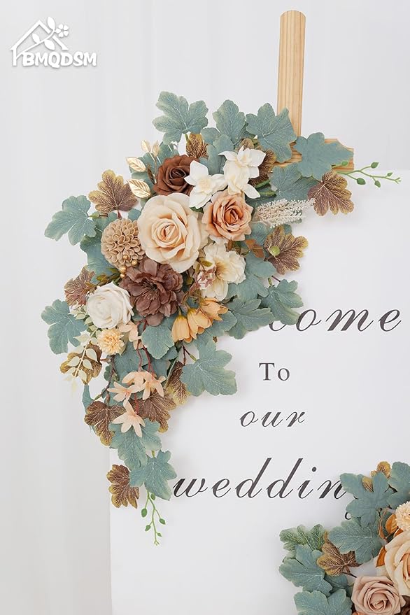 Wedding Welcome Signs Floral(Pack of 2)，Wedding Arch Flowers for Wedding Decorations and Reception Backdrop Decoration(New Coffee)