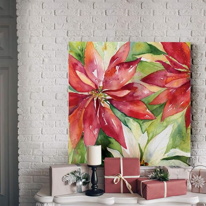 Renditions Gallery Poinsettia Leaves Wall Art, Christmas & Winter Artwork, Festive Red & Green, Flowers, Floral, Premium Gallery Wrapped Canvas Decor, Ready to Hang, 24 in H x 24 in W, Made in America