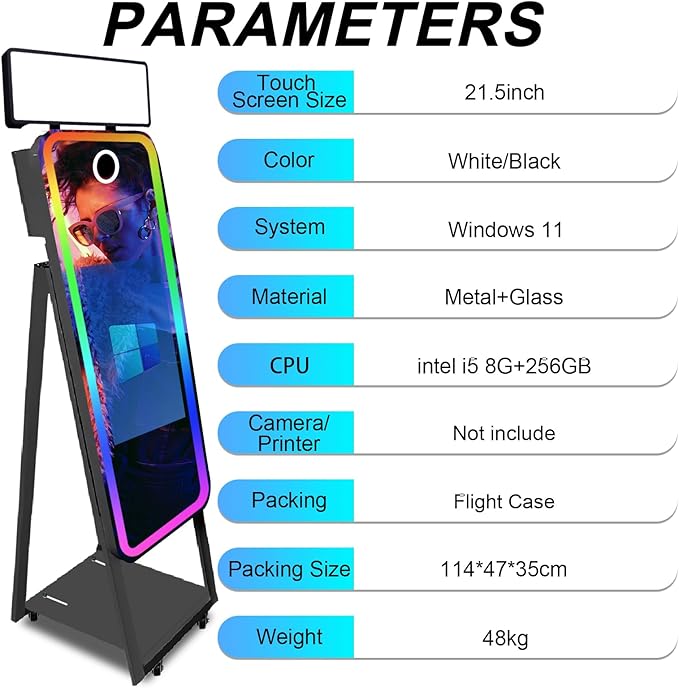 Magic Mirror Photo Booth,Mirror Photo Booth Interactive Touch Screen with Flight Case, Built-in Mini PC with Instant Print and Sharing for Event Party Wedding Rental (Black, 21.5''Screen+Printer)