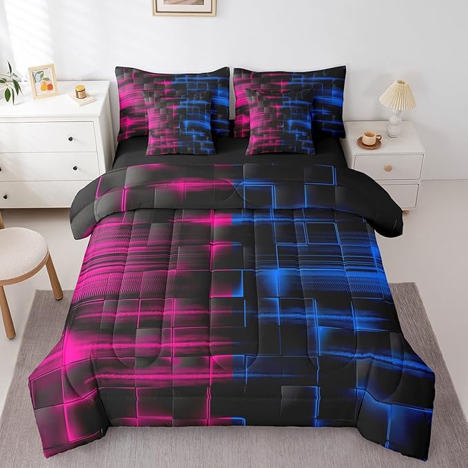 Feelyou Blue and Rose Red Comforter Set with Sheets 7 Piece Full Size Kids Geometric Bed in a Bag Strip Lines Bedding Set Abstract Art Bed Set with Comforter, Sheets,Cushion Covers