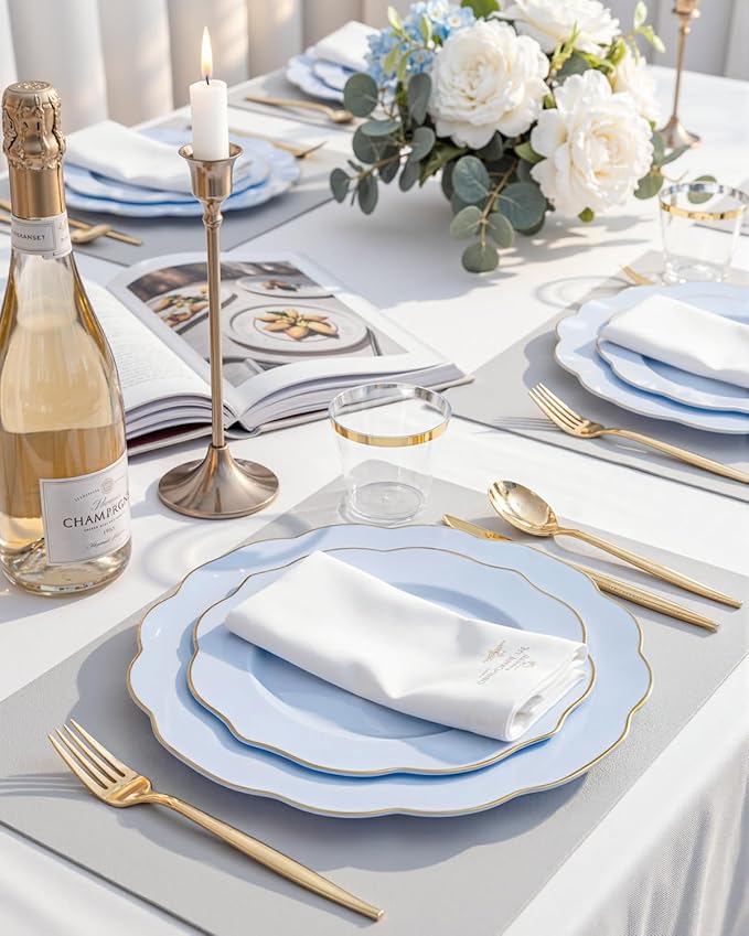 bUCLA 180PCS Blue Plastic Plates - Disposable Light Blue with Gold Rim - Include 30 Each (Dinner & Salad) Plates, 30 Knives, 30 Forks, 30 Spoons, 30 Cups for Party, Birthday & Shower