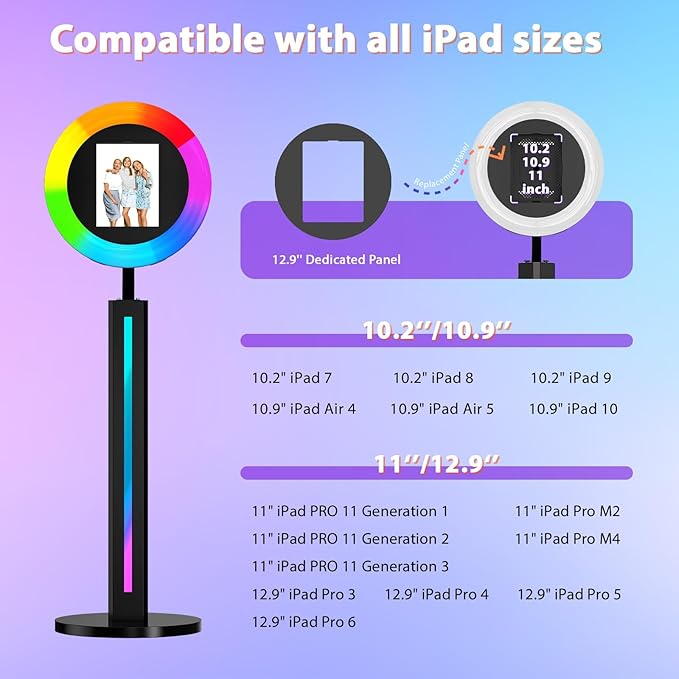 Photo Booth Machine Compatible with Any Ipad,ChackTok PhotoBooth VIP Member,Software APP Control Ring Light,Perfect for Wedding,Parties and Birthday,Light Bar Black
