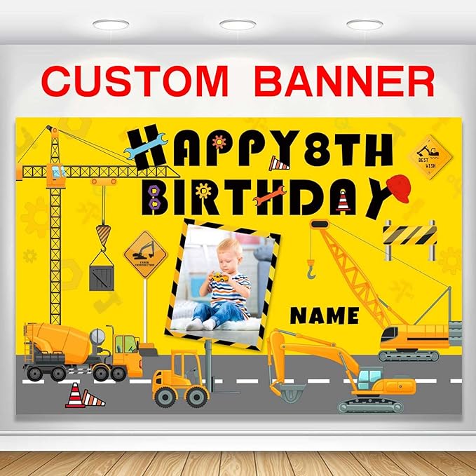 Custom Construction Happy Birthday Party Decorations Supplies Personalized Excavator Crane Dump Truck Digger Birthday Backdrop Banner(5x7.5ft)
