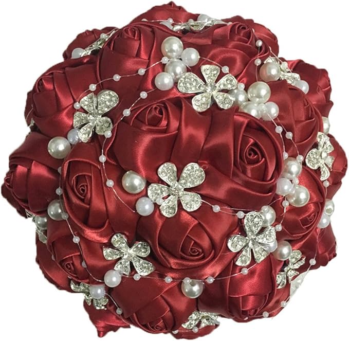 S_SSOY Hand Made Shining Crystal Rhinestones Pearl Silk Rose Bridesmaid Bridal Artificial Bouquets Customization Bride Holding Bouquet Wedding with Corsage Flower, A-018, Dark Red