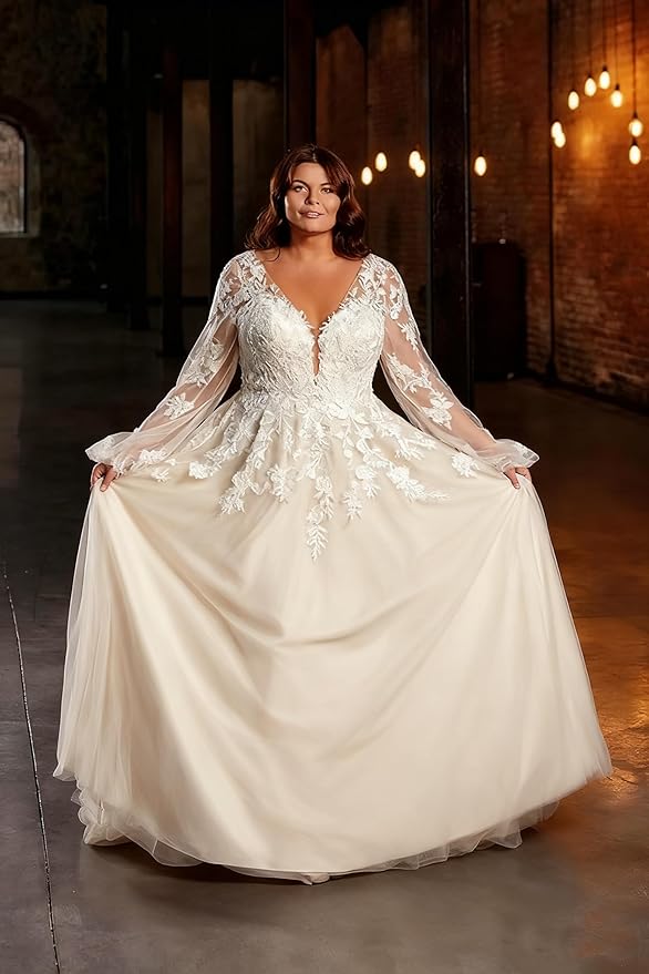 Plus Size Wedding Dresses for Bride Long Sleeve Wedding Bridal Gowns with Lace Appliques Off Shoulder Bride Dress