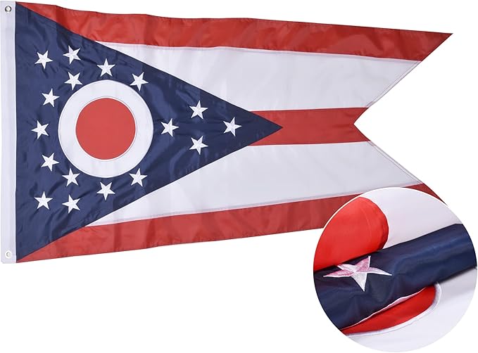 Ohio State Flag 5x8 Ft, Deluxe Embroidered Heavy Duty Polyester Durable OH Outside Flag, Indoor/Outdoor with Sewn Stripes and Brass Grommets