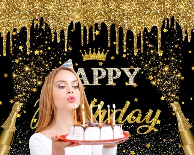 Black Gold Happy Birthday Backdrop Banner 10x8ft Glitter Black and Gold Happy Birthday Photography Background Happy Birthday Banner for Men Women Happy Birthday Party Backdrop