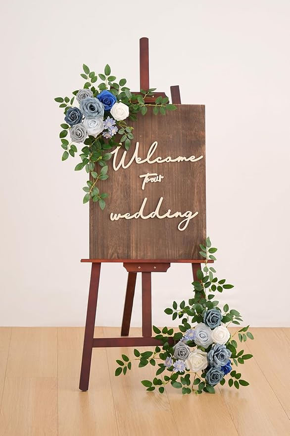 2pcs Blue & Grey Deluxe Welcome Sign Artificial Flowers Wedding Backdrop Garland Hanging Floral Arrangements for Ceremony Reception Entryway Board Sweetheart Table