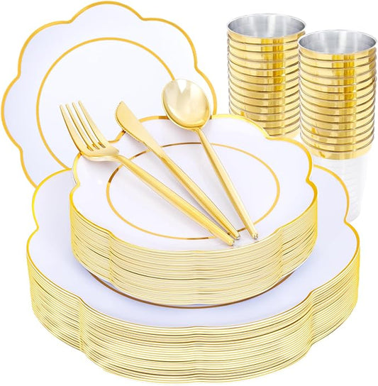 EI 180pcs White Plastic Plates with Gold Plastic Silverware,Heavy-Duty Disposable Plates for Party,White Dinnerware Set for 30 Guest Wedding,Afternoon Tea,Spring,Mother's/Valentine's Day