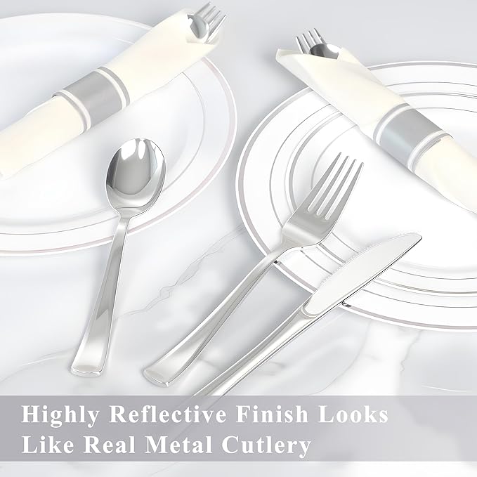 200 Pack Pre Rolled Silver Plastic Silverware Set,Wrapped Plastic Cutlery Set with Napkin Include 200 Forks,200 Spoons,200 Knives and 200 White Napkins for Party,Wedding,Christmas