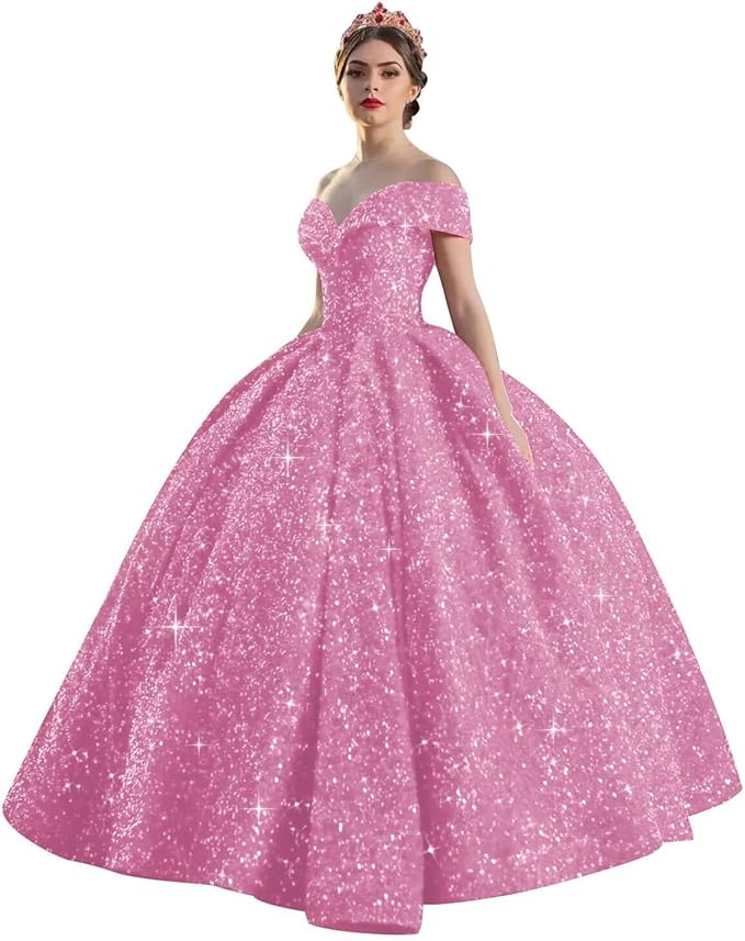 Quinceanera Dress Long Ball Gown Sparkly Sequin Off Shoulder V Neck Prom Dresses