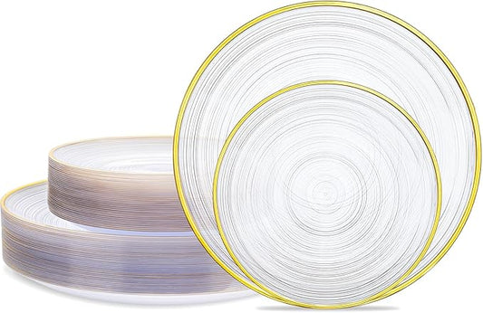 Morejoy 60Pcs Clear Plastic Plates,Clear Disposable Plates With Gold Rim,Heavy-duty Gold Plate, Modern swirl design Plate Include 30Clear Dessert-Platos,30Dinner-Platos for Party&Christmas