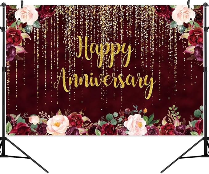 10x6ft Happy Anniversary Backdrop, Gold Glitter Burgundy Wedding Anniversary Photography Background 1st 40th 50th 67th Couple Wedding Women Birthday Floral Party Decorations Cake Table Decor