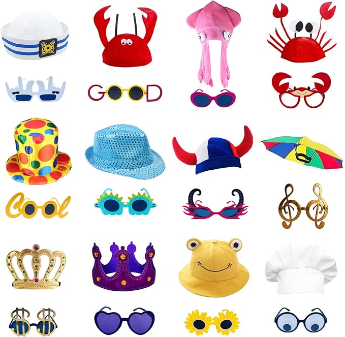 24 Funny Hats and Glasses For Photo Booth Props, 12 Assorted Crazy Party Hats, 12 Funny Party Sunglasses, Novelty Hat, Dress Up Costume Hat Accessories, Silly Hats & Novelty Glasses for Adults