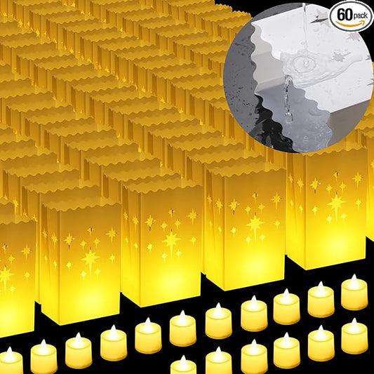 2025 New Waterproof 24 Pcs - Luminary Bags with Flameless Candles - Plastics Reusable Luminaries with Led Lights - Christmas Luminary Bags for Outdoors Birthday Wedding Thanksgiving Party Decor