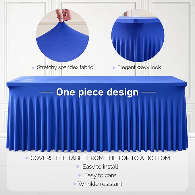 6 Packs Royal Blue Table Clothes for 6 Foot Rectangle Tables, One-Piece Wrinkle Resistant Stretch Spandex Table Covers with Skirt for Event Banquet Wedding Birthday Party