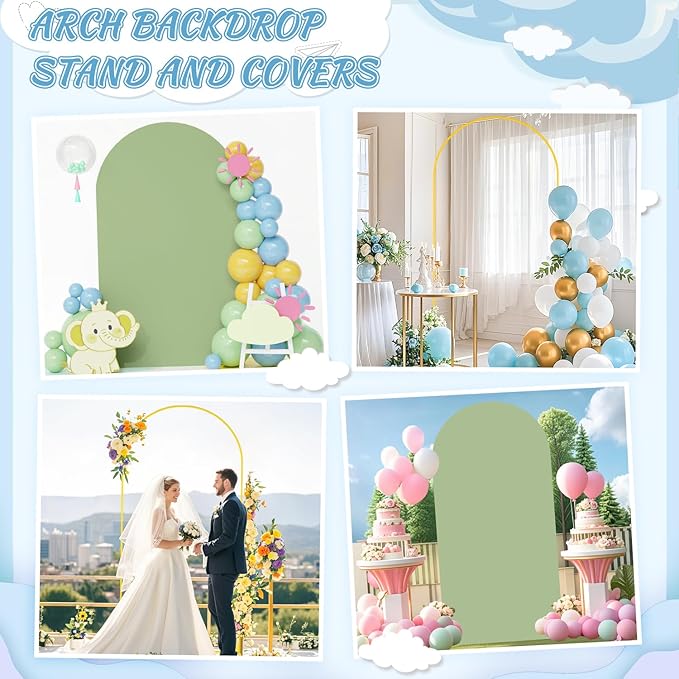 FOTSHARER 7.2 FT Wedding Arch Backdrop Stand and Sage Green Arch Cover Wedding Backdrop Arch Stand with Cover Gold Wedding Arches for Ceremony Happy Birthday Party Bridal Baby Shower Arbor Decorations