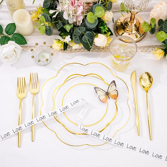 EI 180pcs Clear Plastic Plates with Gold Plastic Silverware, Plate for Party,Clear Dinnerware Set,Heavy Duty Plate for Wedding,Afternoon Tea,Spring,Mother's Day,Valentine's Day,Easter