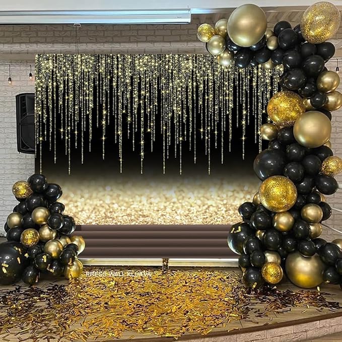 Black Gold Glitter Backdrop 12x8ft Christmas Birthday New Year Housewarming Retirement Party Graduation Background for Photography Theme Party Banner Studio Photo Booth Props