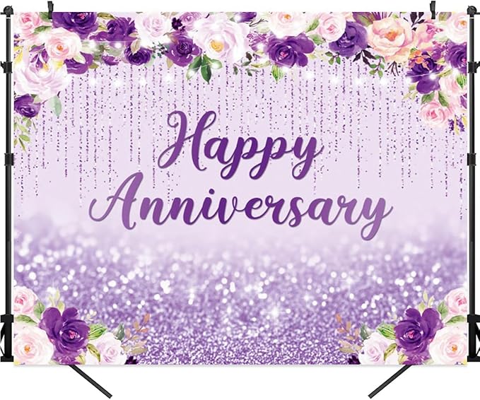 10x8ft Happy Anniversary Backdrop, Floral Glitter Backdrop for Women Wedding Anniversary Decoration Violet and Pink Flowers Photography Background Cake Table Banner Party Decor