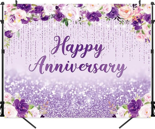 12x10ft Happy Anniversary Backdrop, Floral Glitter Backdrop for Women Wedding Anniversary Decoration Violet and Pink Flowers Photography Background Cake Table Banner Party Decor
