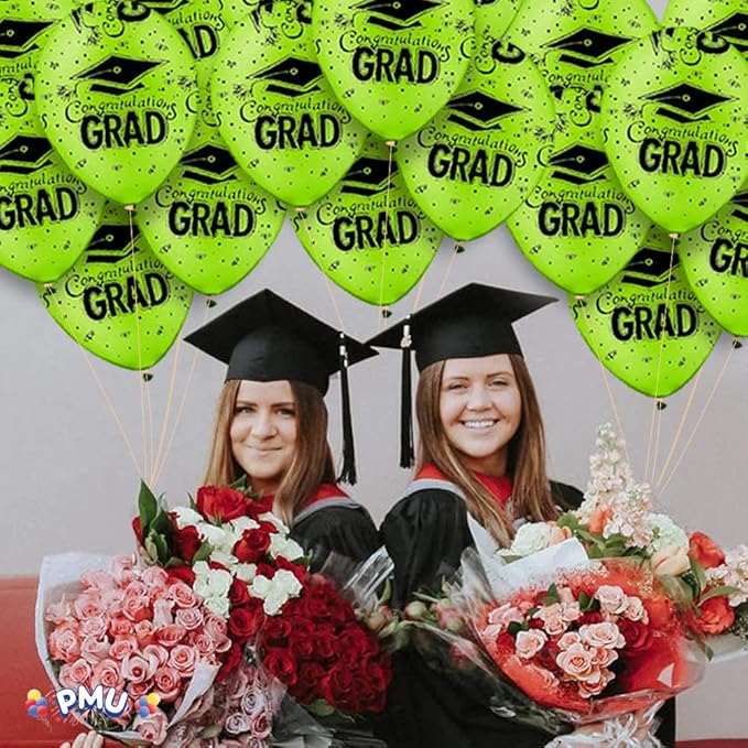 PMU 100 Pcs Lime Green Graduation Balloons Class of 2025 with All-Over Print White Grad Caps-Confetti and Streamers | Graduation Party Supplies | Congratulations Grad Latex Balloons Latex