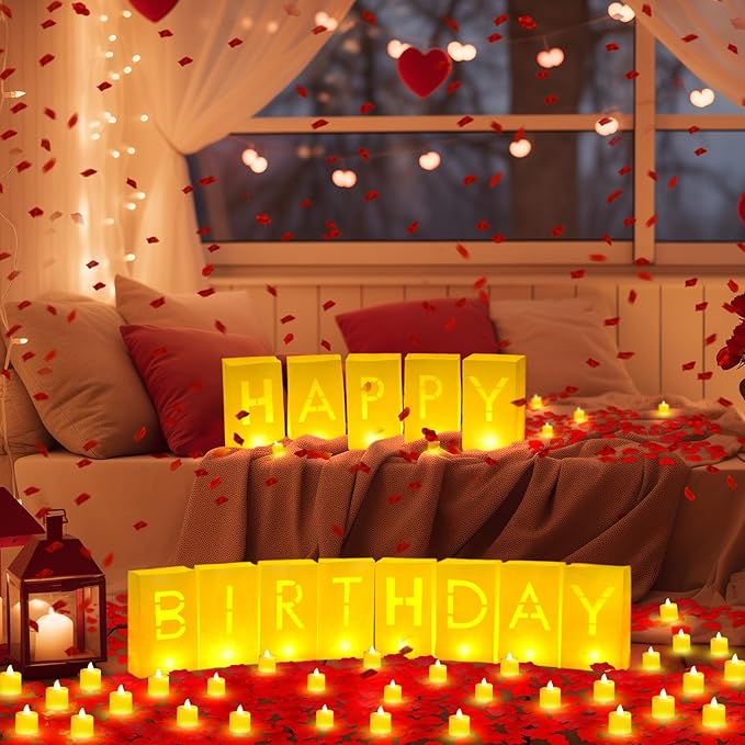 6085 Pcs Happy Birthday Light Up Letters with LED Flameless Tealight Candle Red Rose Petal Letter Luminary Paper Bag for Decoration Party Romantic Night Decor for Women Men