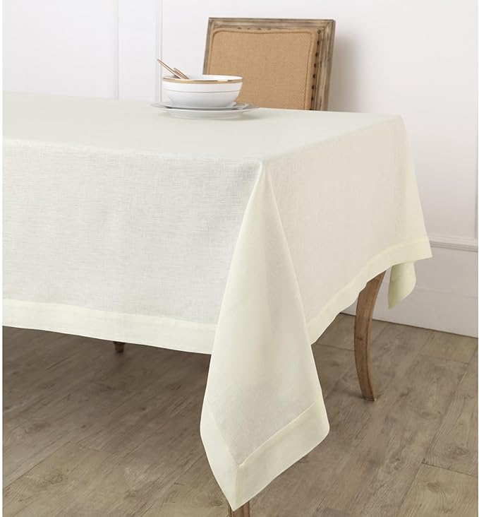 Solino Home Linen Ivory Tablecloth 60 x 90 Inch - 100% Pure Linen Rectangular Tablecloth - Machine Washable Table Cloth for Spring, Easter - Fete