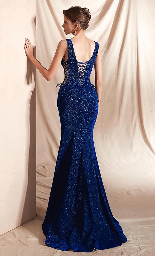 Women's Double V-Neck Sequins Lace-up Mermaid Evening Dress