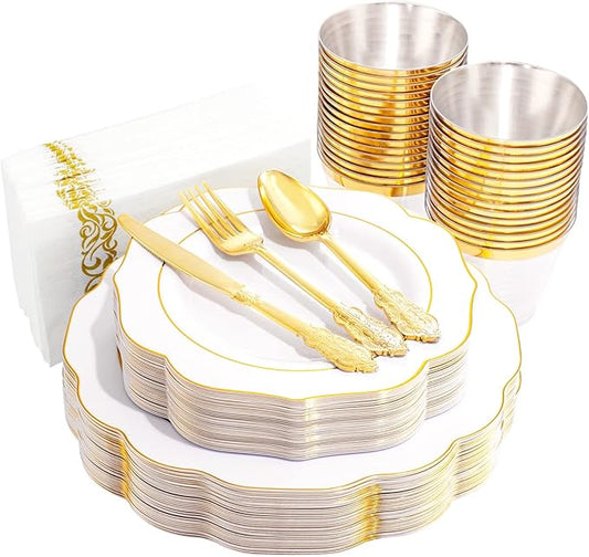 NOCCUR 175PCS Gold Plastic Plates with Disposable Silverware - White Gold Plastic Tableware Include 25 Dinner /25 Dessert Plates, 75 Cutlery, 25 Cups, 25 Napkins - Ideal for Party/Wedding