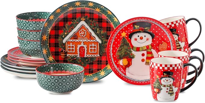 Hasense Dinnerware Set of 4, Ceramic Holiday Plates and Bowls Sets with Mugs, 16 Pieces Chip & Scratch Resistant Party Serving Dishes for New Year Gift, Microwave and Dishwasher Safe