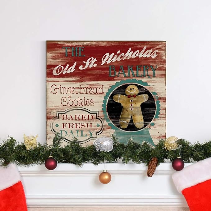 Renditions Gallery Old St. Nicholas Bakery Wall Art, Cute Christmas & Winter Decor, Vintage Faux Wood Look, Festive, Premium Gallery Wrapped Canvas, Ready to Hang, 16 in H x 16 in W, Made in America