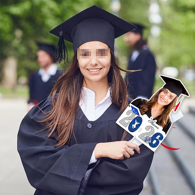 Personalized Graduation Face Fan 2026 Grade Custom Double Sided Face Cutout Fan with Handle Photo Booth Prop Party Supplies(B-Blue and Silver,12pcs)
