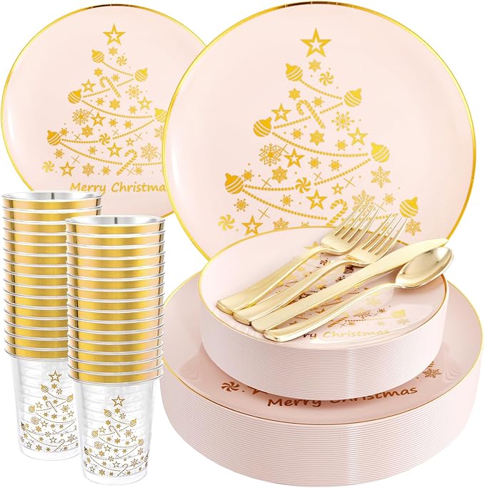 LIYH 150 Pcs Christmas Dinnerware Set Disposable - Pink and Gold Plastic Christmas Plates - Gold Tree Design, Plastic Silverware,Cups for 25 Guests for Xmas Day