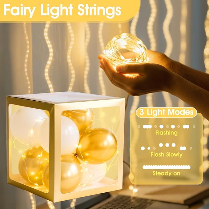 Ledido Transparent Balloon Boxes, Clear Balloon Boxes with 6 Pcs String Lights and 78 Letters for Baby Shower Gender Reveal 2026 New Year Grad Party Birthday Anniversary Bridal Decor - 6 Gold Boxes