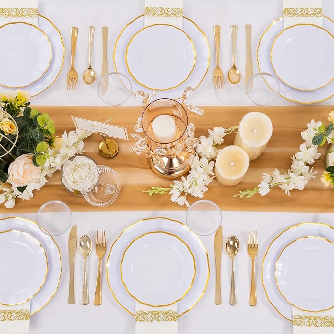 LIYH 700 Pcs Gold Plastic Dinnerware Set for 100 Guests - Plastic Wavy Plates for Party Includes Disposable Plates, Cups, Napkins and Disposable Gold Sliverware for Wedding Birthday