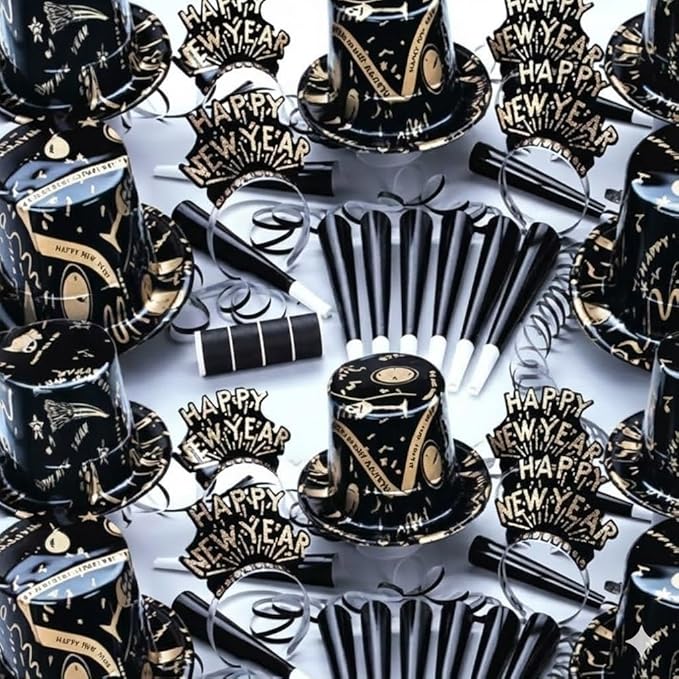 PMU New Year's Eve Party Supplies 2026 Ebony and Gold Party Kit Assortment for 10 Persons - New Year's Eve Decorations Supplies, Outfits for Adults, Men and Women (10/psn) Pkg/1